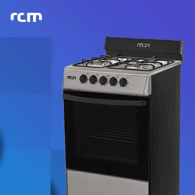estufa de gas de 21 pulgadas con 4 quemadores marca RCM, diseño moderno en color plata y negro, ideal para la cocina en Guatemala.
